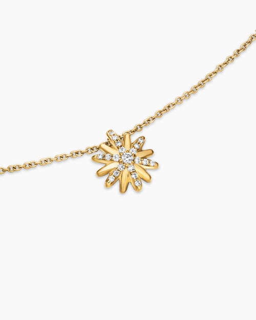 Womens Petite Starburst Pendant Necklace in 18K Yellow Gold with Diamonds, 10.5mm