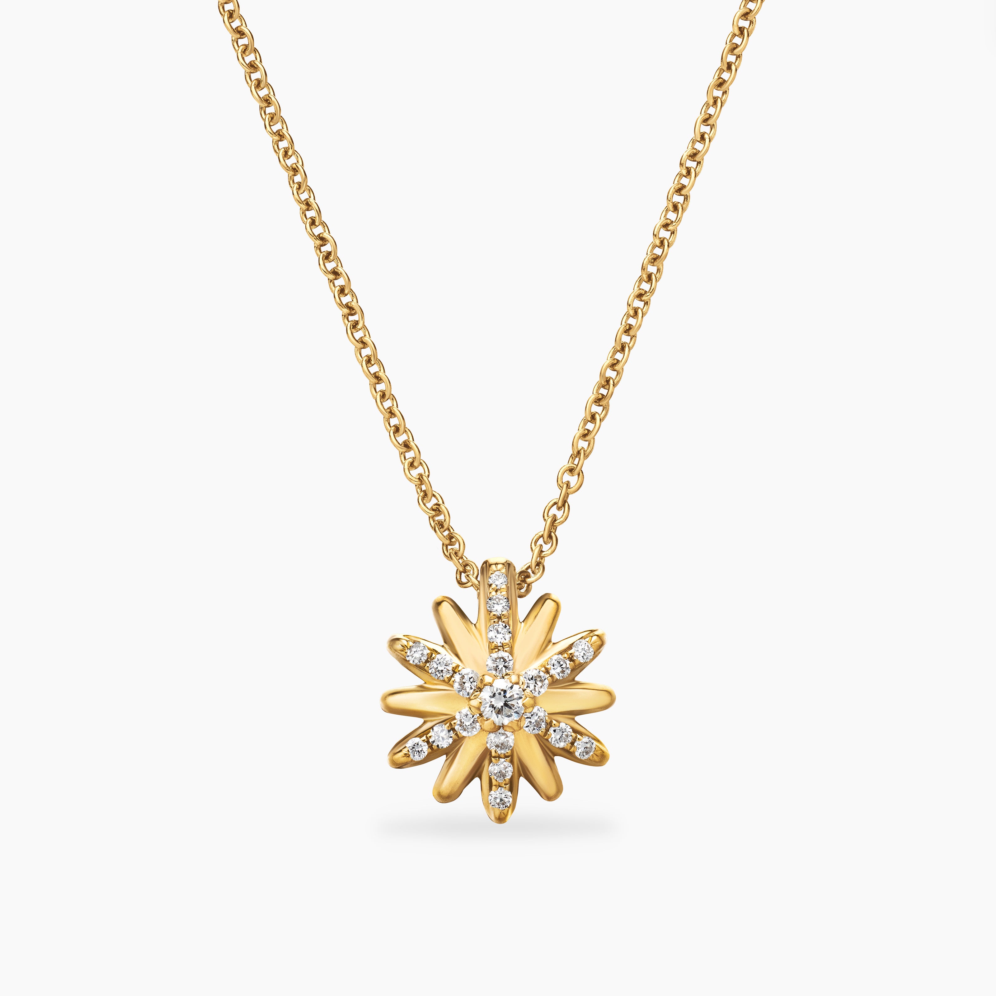 Womens Petite Starburst Pendant Necklace in 18K Yellow Gold with Diamonds, 10.5mm