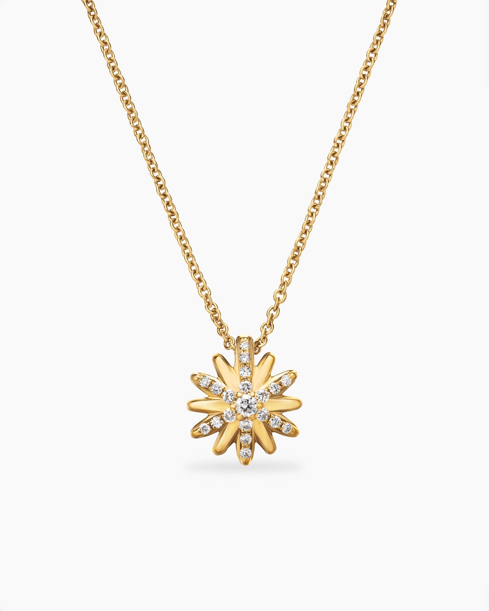 Womens Petite Starburst Pendant Necklace in 18K Yellow Gold with Diamonds, 10.5mm