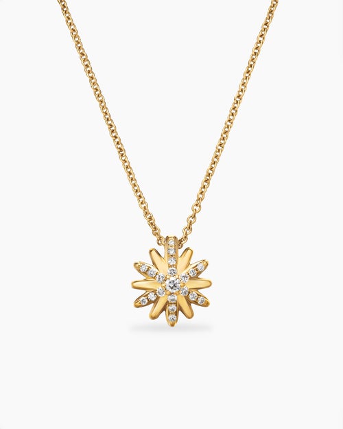 Womens Petite Starburst Pendant Necklace in 18K Yellow Gold with Diamonds, 10.5mm