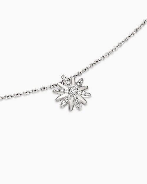 Womens Petite Starburst Pendant Necklace in Sterling Silver with Diamonds, 10.5mm