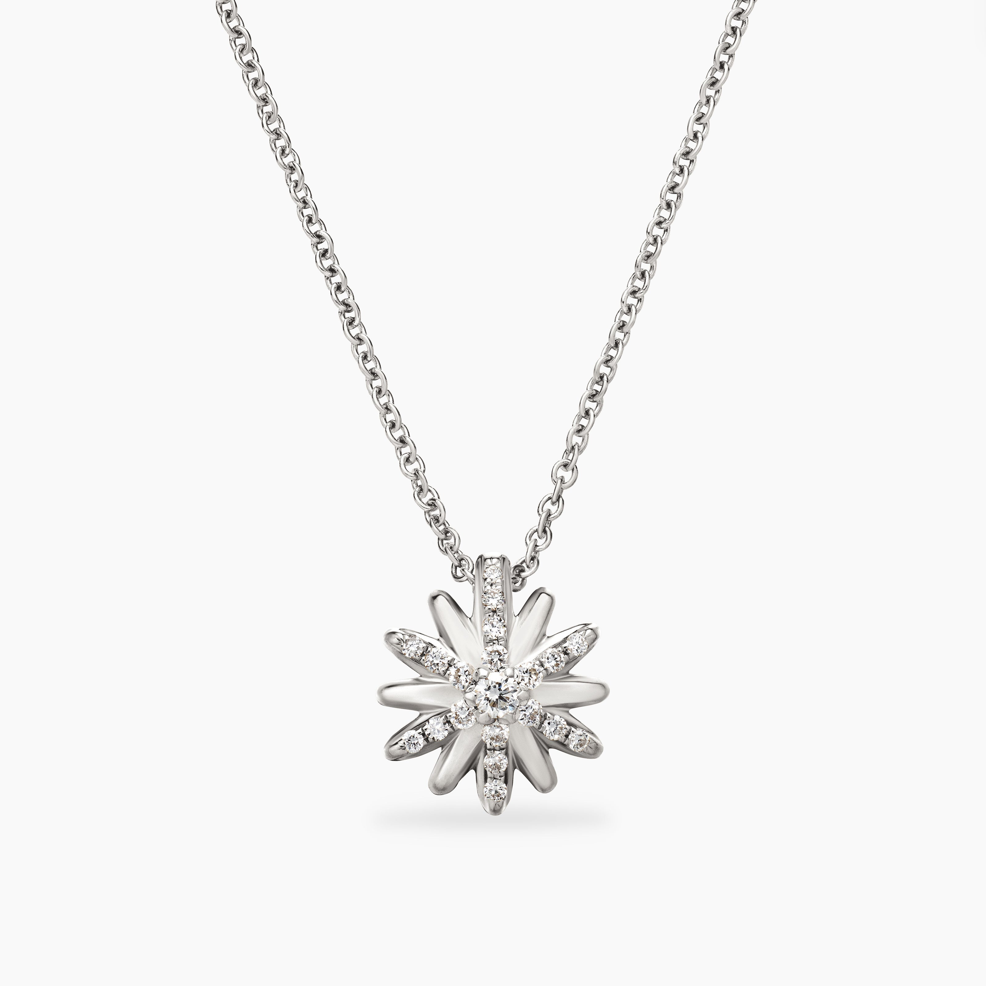 Womens Petite Starburst Pendant Necklace in Sterling Silver with Diamonds, 10.5mm