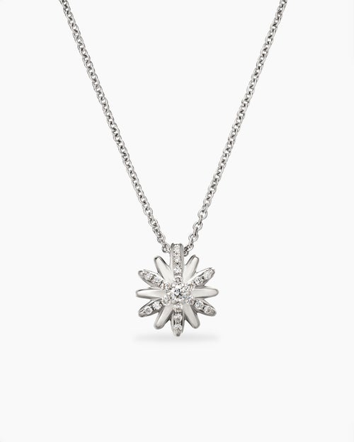 Womens Petite Starburst Pendant Necklace in Sterling Silver with Diamonds, 10.5mm