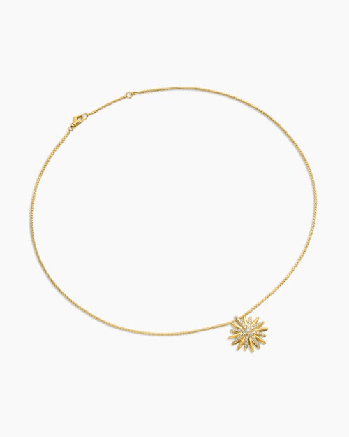 Womens Starburst Pendant Necklace in 18K Yellow Gold with Diamonds, 19mm
