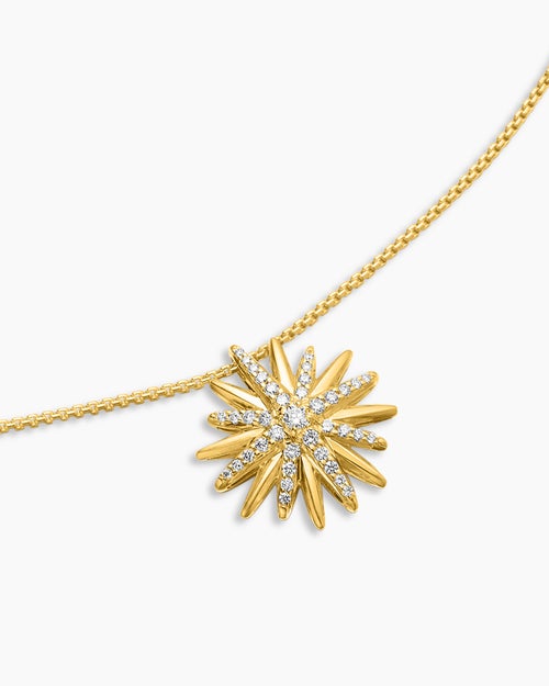 Womens Starburst Pendant Necklace in 18K Yellow Gold with Diamonds, 19mm