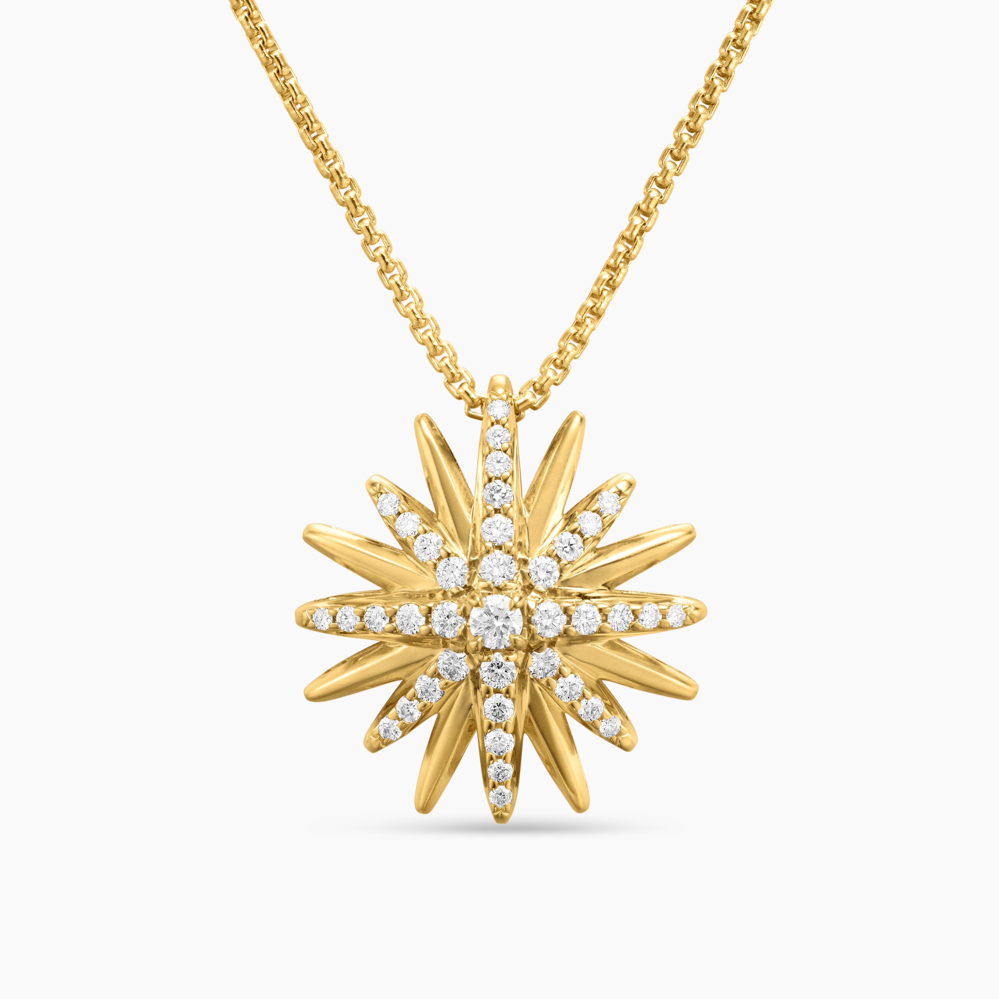 Womens Starburst Pendant Necklace in 18K Yellow Gold with Diamonds, 19mm