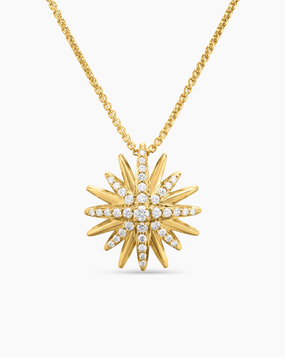 Womens Starburst Pendant Necklace in 18K Yellow Gold with Diamonds, 19mm