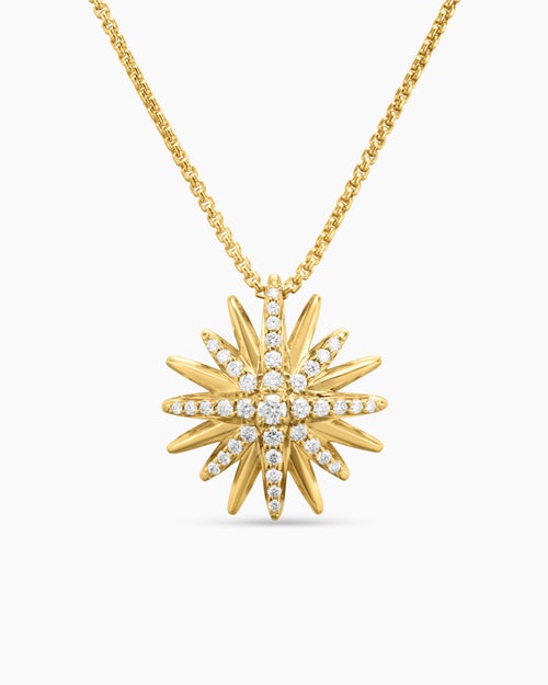 Womens Starburst Pendant Necklace in 18K Yellow Gold with Diamonds, 19mm