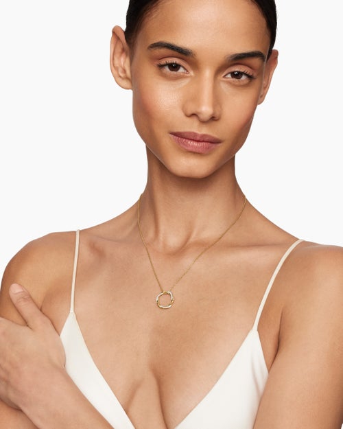 Womens Petite Infinity Pendant Necklace in 18K Yellow Gold with Diamonds, 18mm