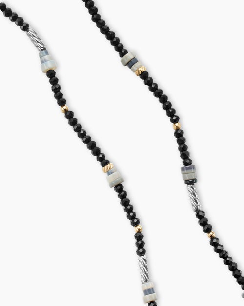 Womens Color Bead Necklace in Sterling Silver with 18K Yellow Gold Accents, Black Onyx and Opal, 4mm
