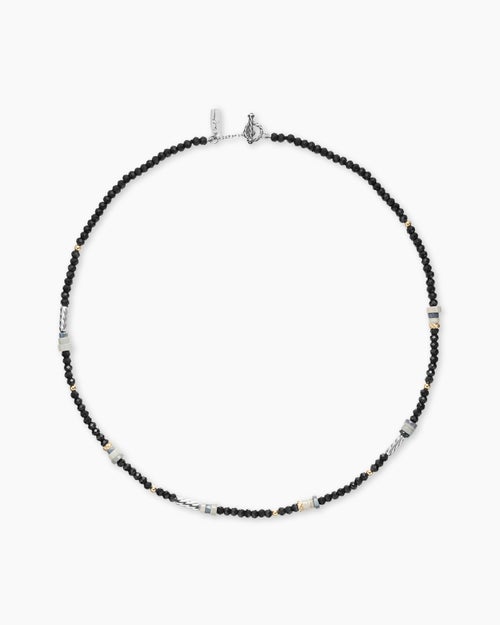 Womens Color Bead Necklace in Sterling Silver with 18K Yellow Gold Accents, Black Onyx and Opal, 4mm