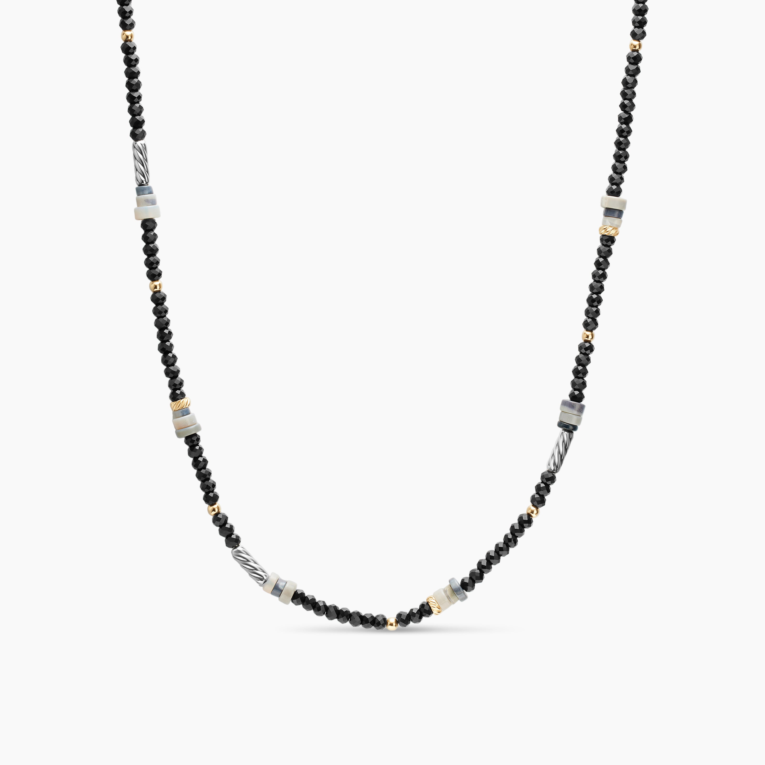 Womens Color Bead Necklace in Sterling Silver with 18K Yellow Gold Accents, Black Onyx and Opal, 4mm