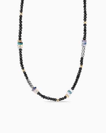 Colour Bead Necklace in Sterling Silver with 18K Yellow Gold Accents, Black Onyx and Opal, 4mm