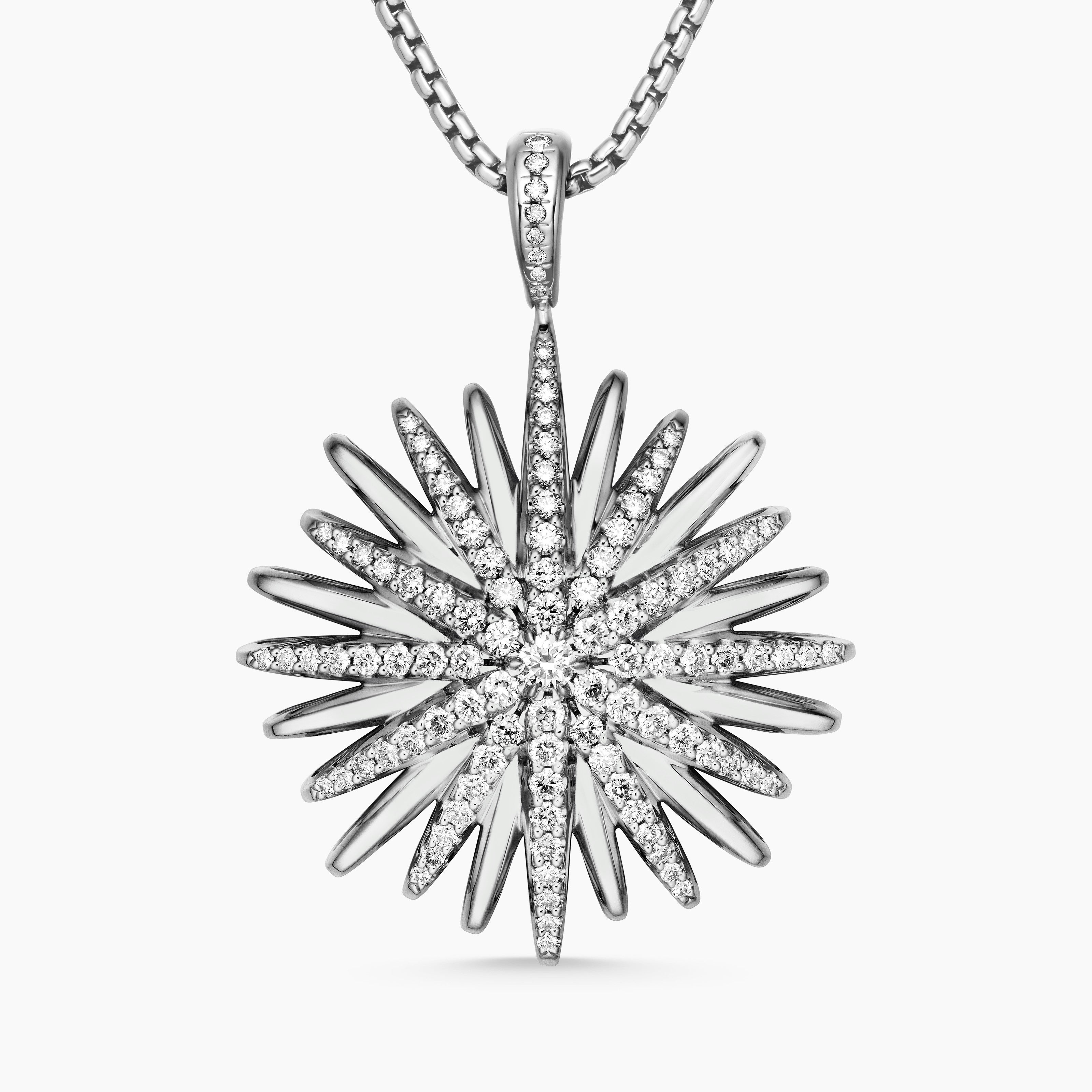 Womens Starburst Pendant in Sterling Silver with Diamonds, 32mm