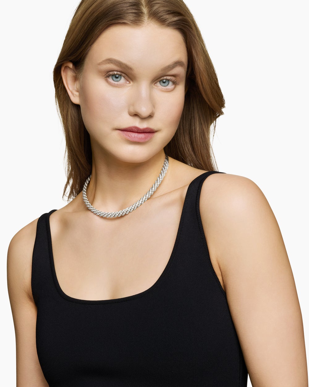 Womens Sculpted Cable Flex Necklace in 18K White Gold with Diamonds, 7.5mm