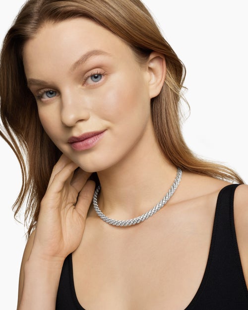 Womens Sculpted Cable Flex Necklace in 18K White Gold with Diamonds, 7.5mm