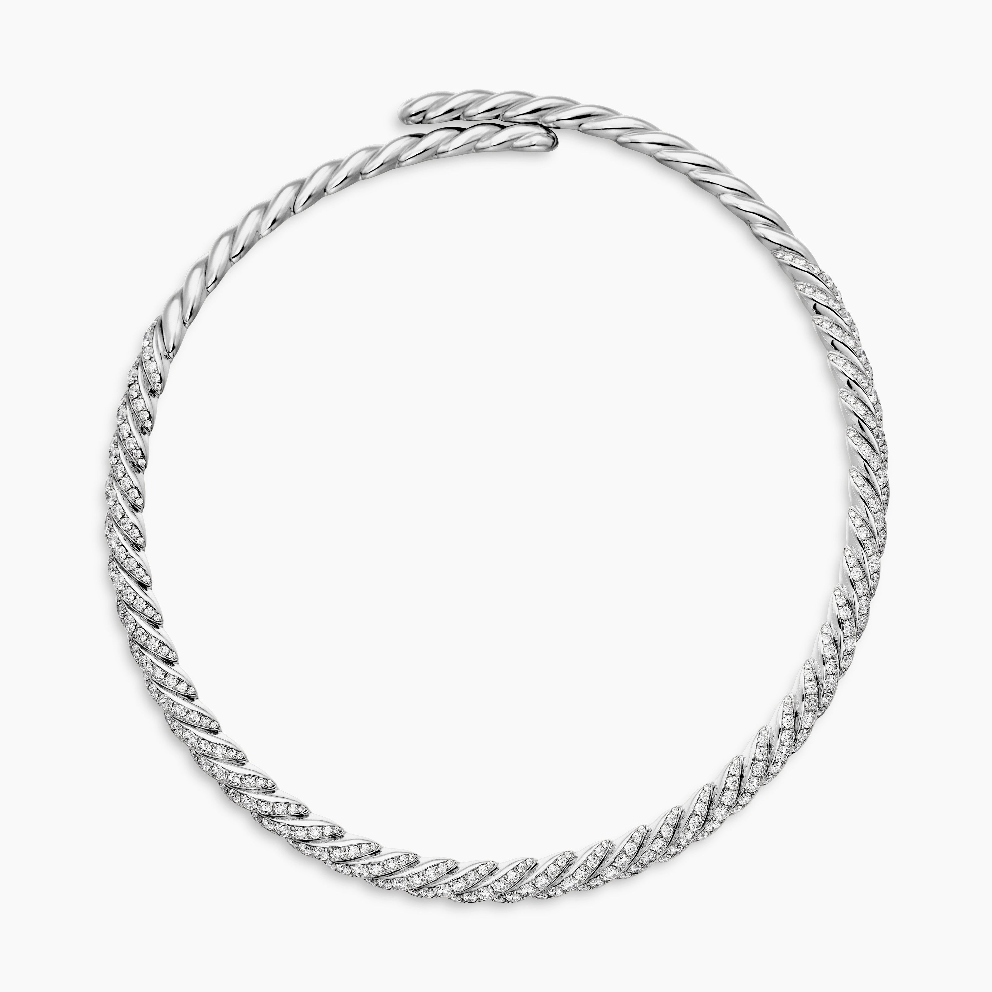 Womens Sculpted Cable Flex Necklace in 18K White Gold with Diamonds, 7.5mm