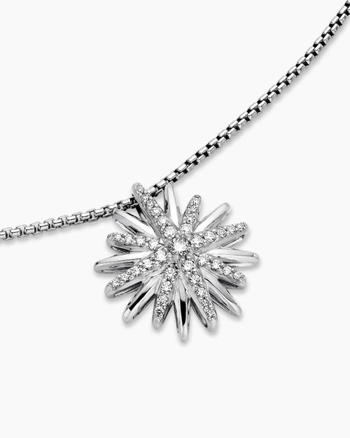 Womens Starburst Pendant Necklace in Sterling Silver with Diamonds, 19mm