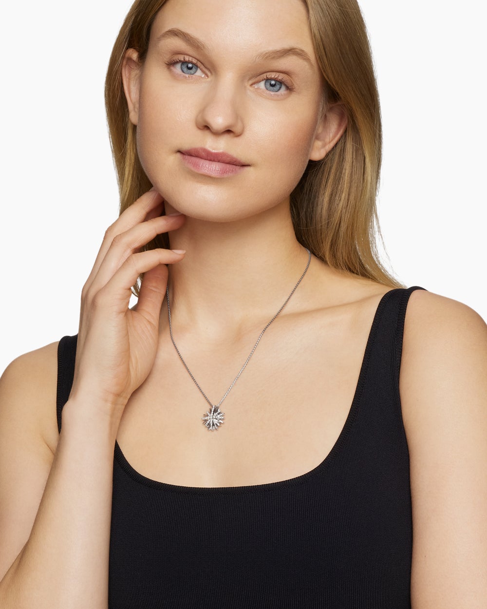 Womens Starburst Pendant Necklace in Sterling Silver with Diamonds, 19mm