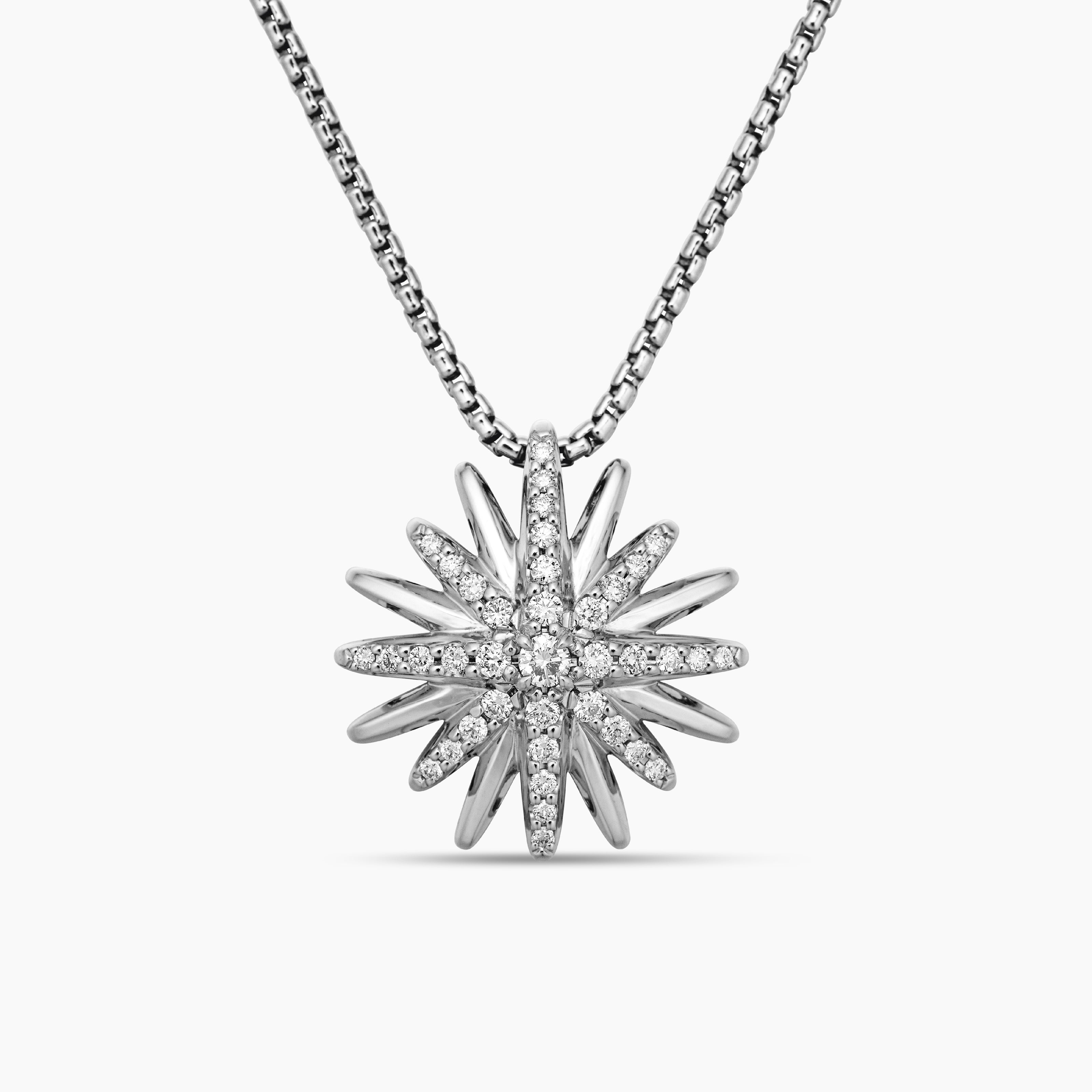 Womens Starburst Pendant Necklace in Sterling Silver with Diamonds, 19mm