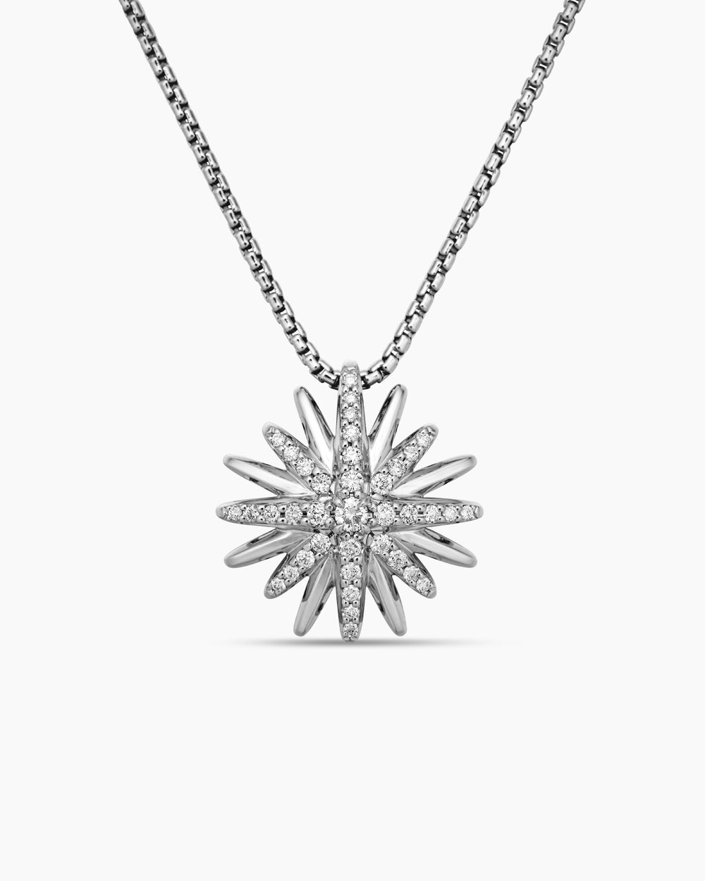 Womens Starburst Pendant Necklace in Sterling Silver with Diamonds, 19mm