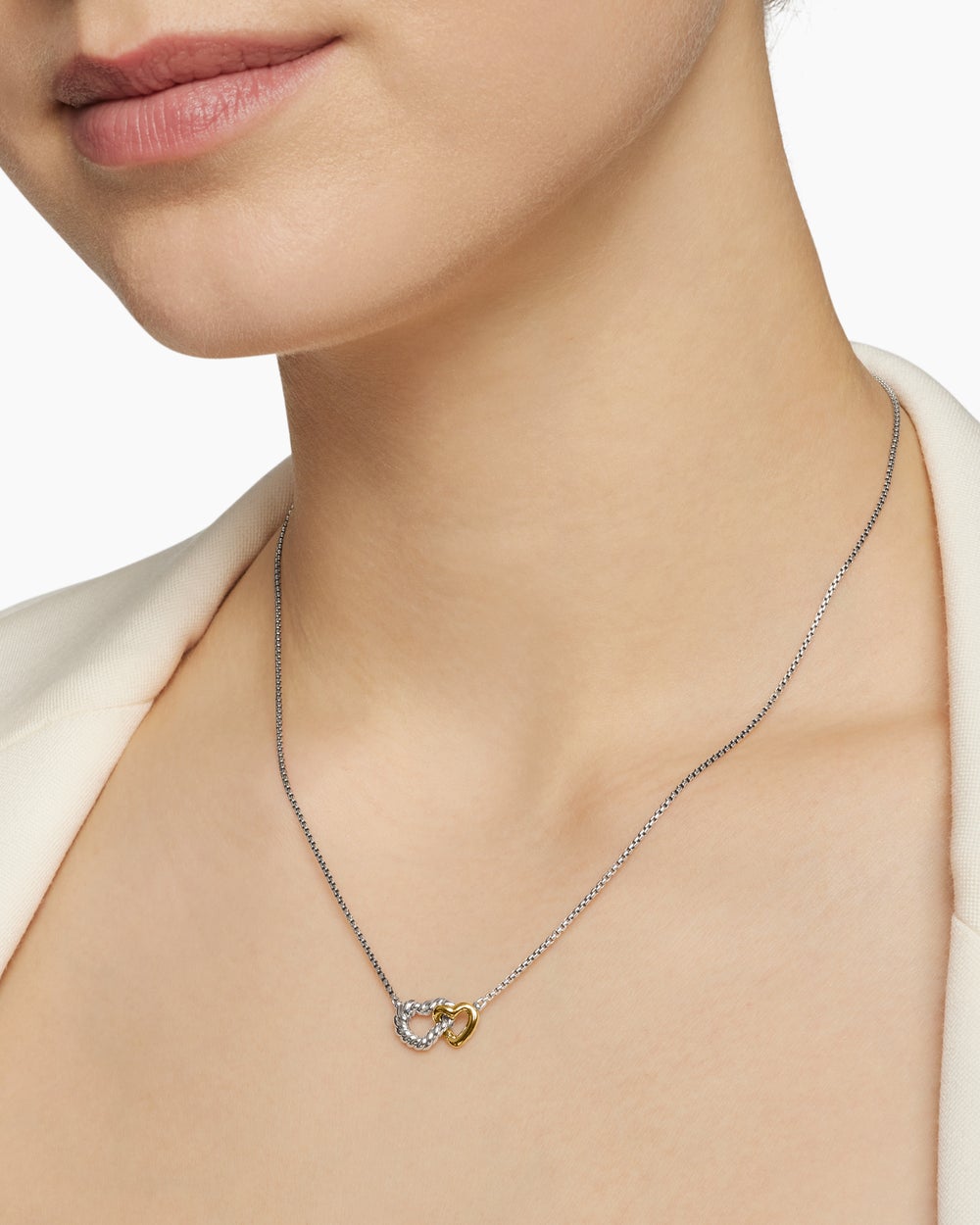 Womens Cable Collectibles® Interlocking Heart Necklace in Sterling Silver with 18K Yellow Gold, 16.4mm