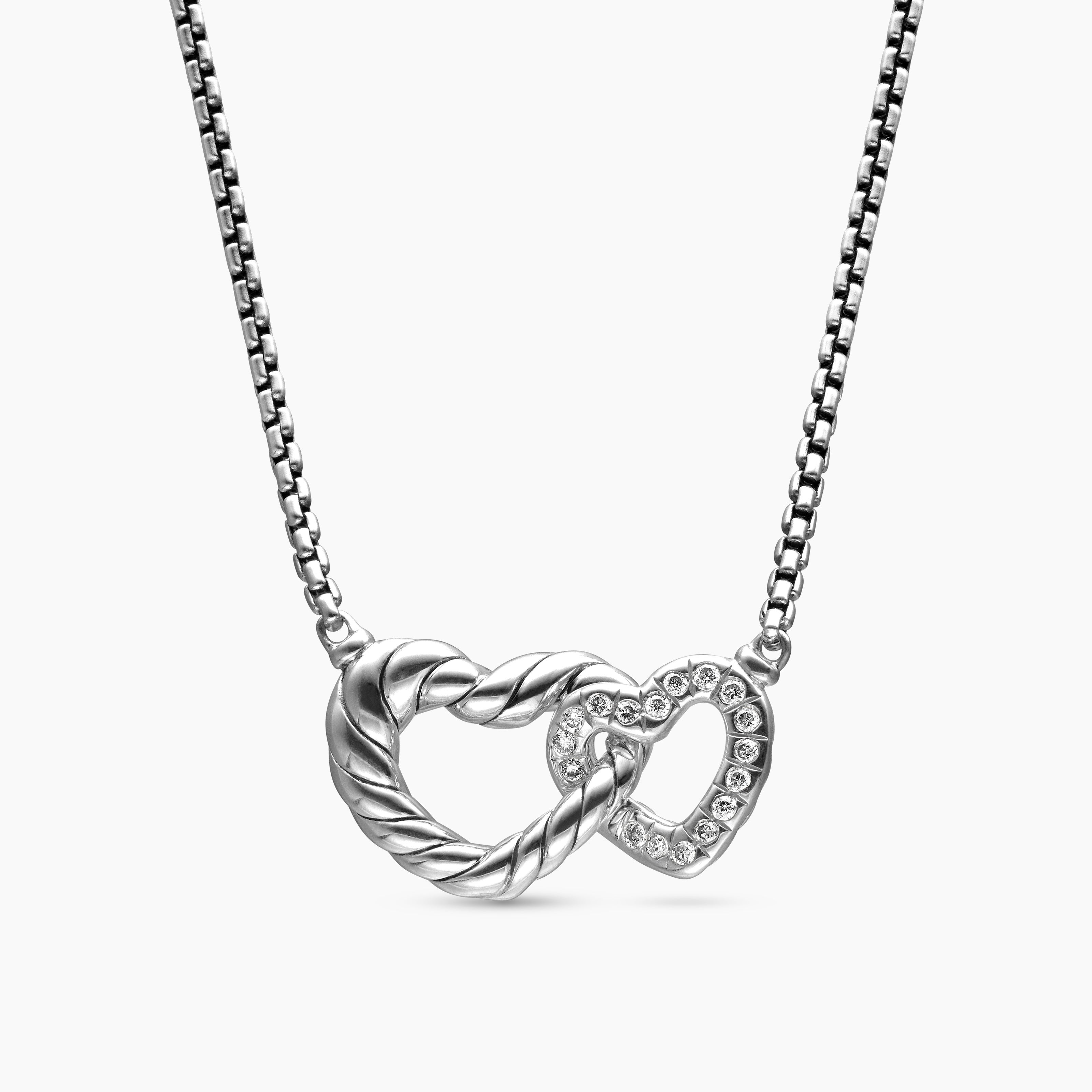 Womens Cable Collectibles&reg; Interlocking Heart Necklace in Sterling Silver with Diamonds, 16.4mm