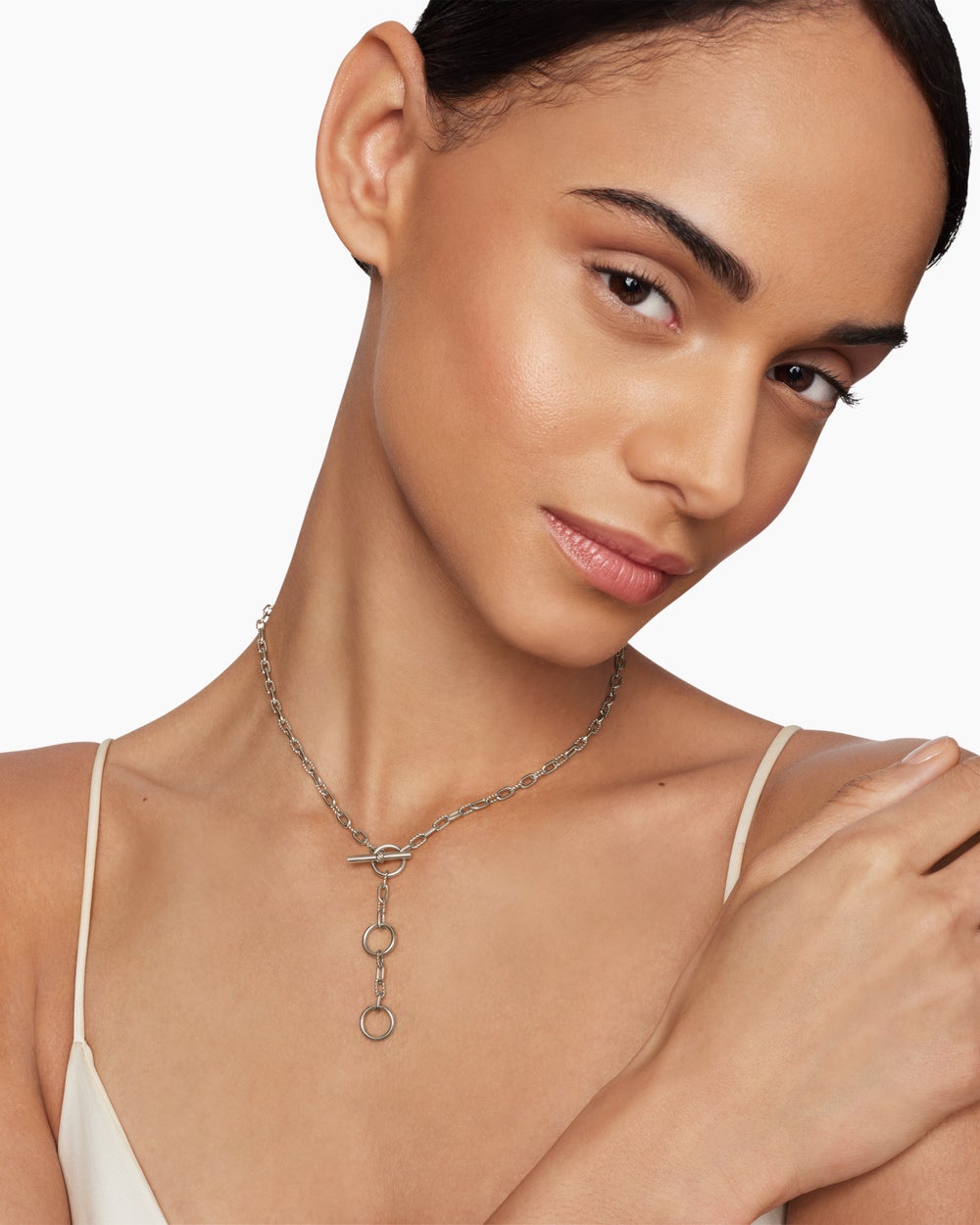 Collier chaîne DY Madison® avec trois anneaux en argent sterling avec diamants noirs, 3 mm femmes