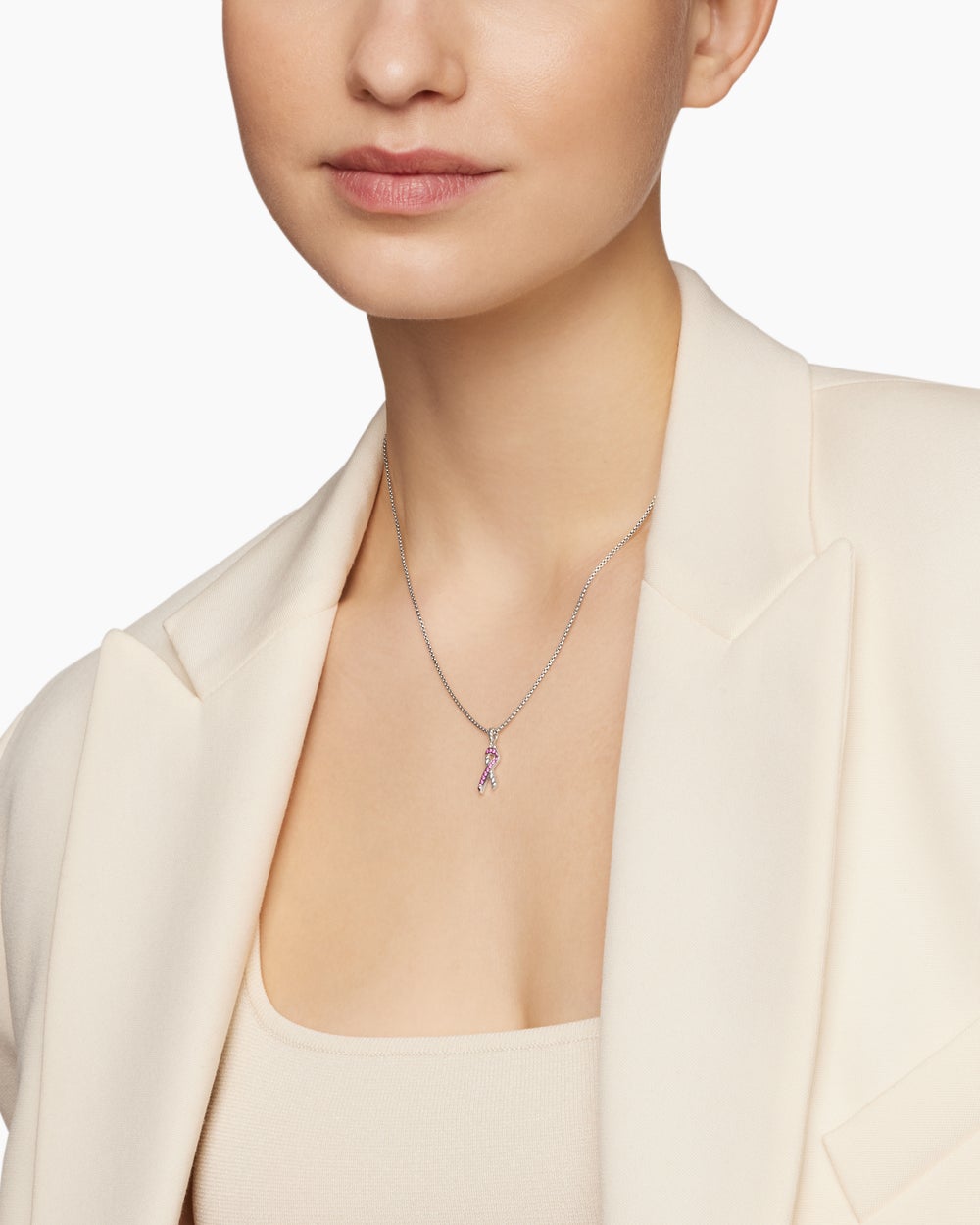 Womens Cable Collectibles® Ribbon Necklace in Sterling Silver with Pink Sapphires, 24.4mm