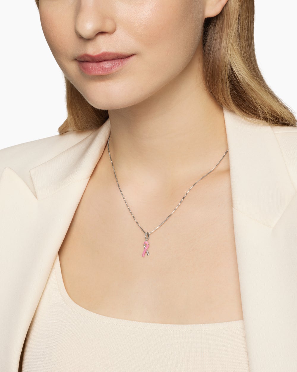 Womens Cable Collectibles® Ribbon Necklace in Sterling Silver with Pink Enamel, 24.4mm
