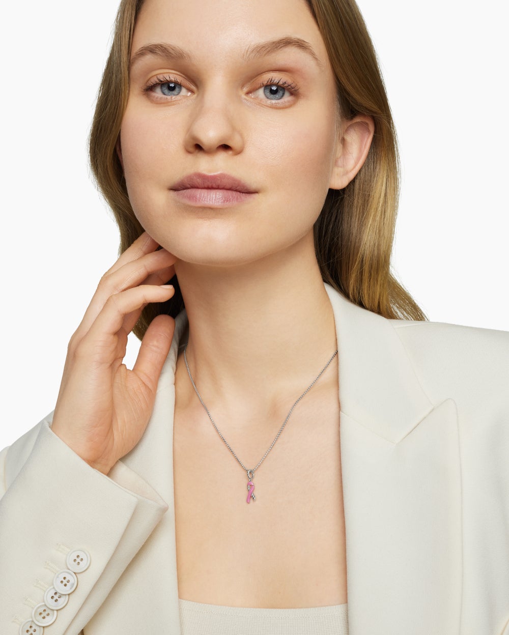 Womens Cable Collectibles® Ribbon Necklace in Sterling Silver with Pink Enamel, 24.4mm