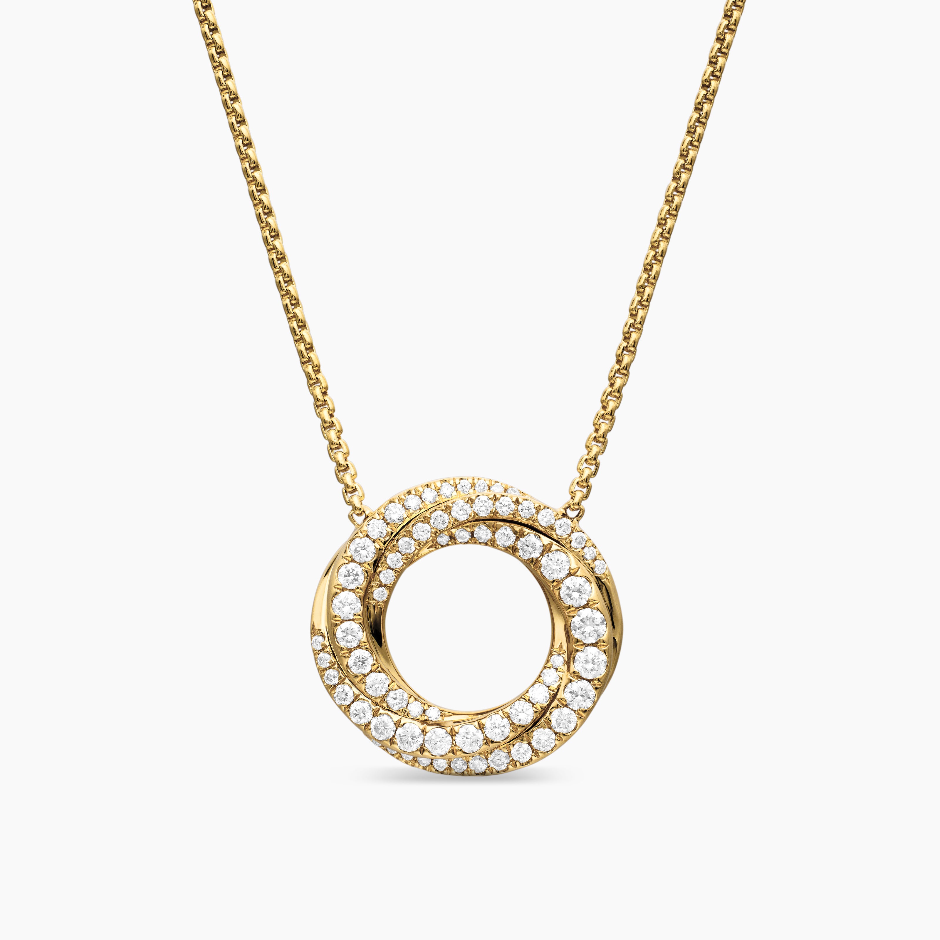 Womens Petite Pav&eacute; Crossover Pendant Necklace in 18K Yellow Gold with Diamonds, 15.5mm