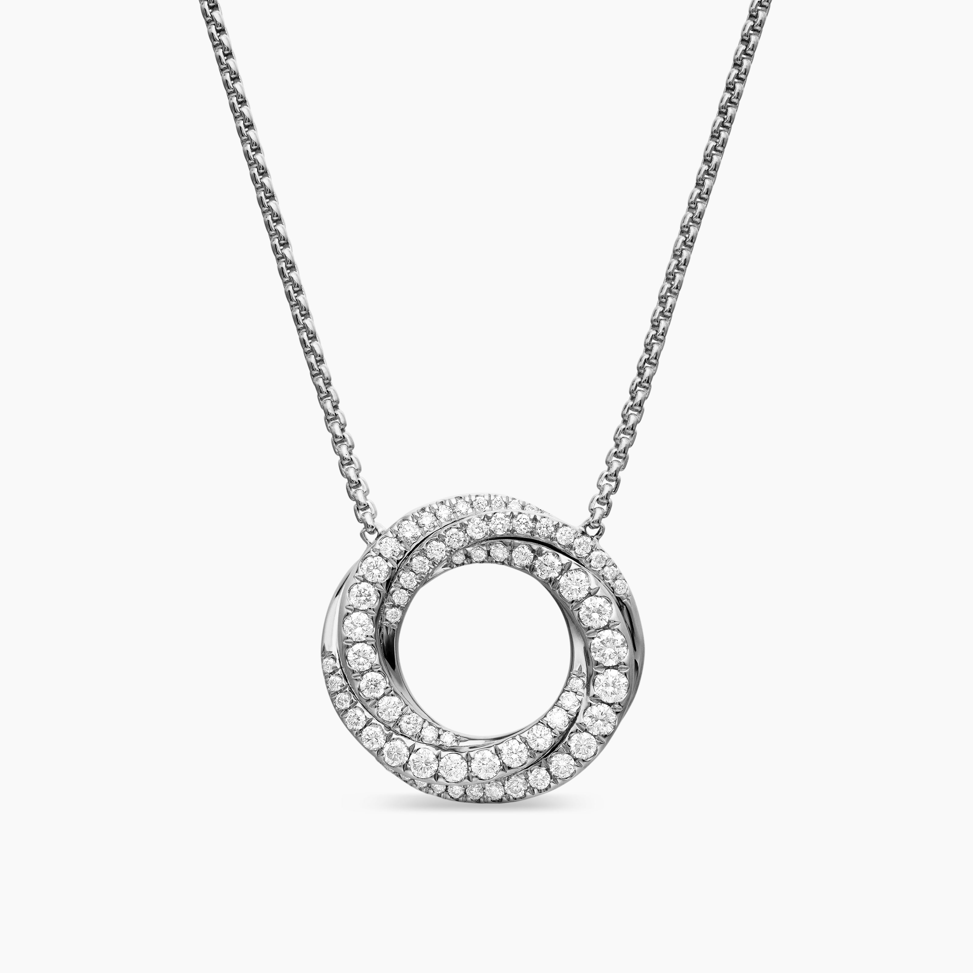 Womens Petite Pav&eacute; Crossover Pendant Necklace in 18K White Gold with Diamonds, 15.5mm