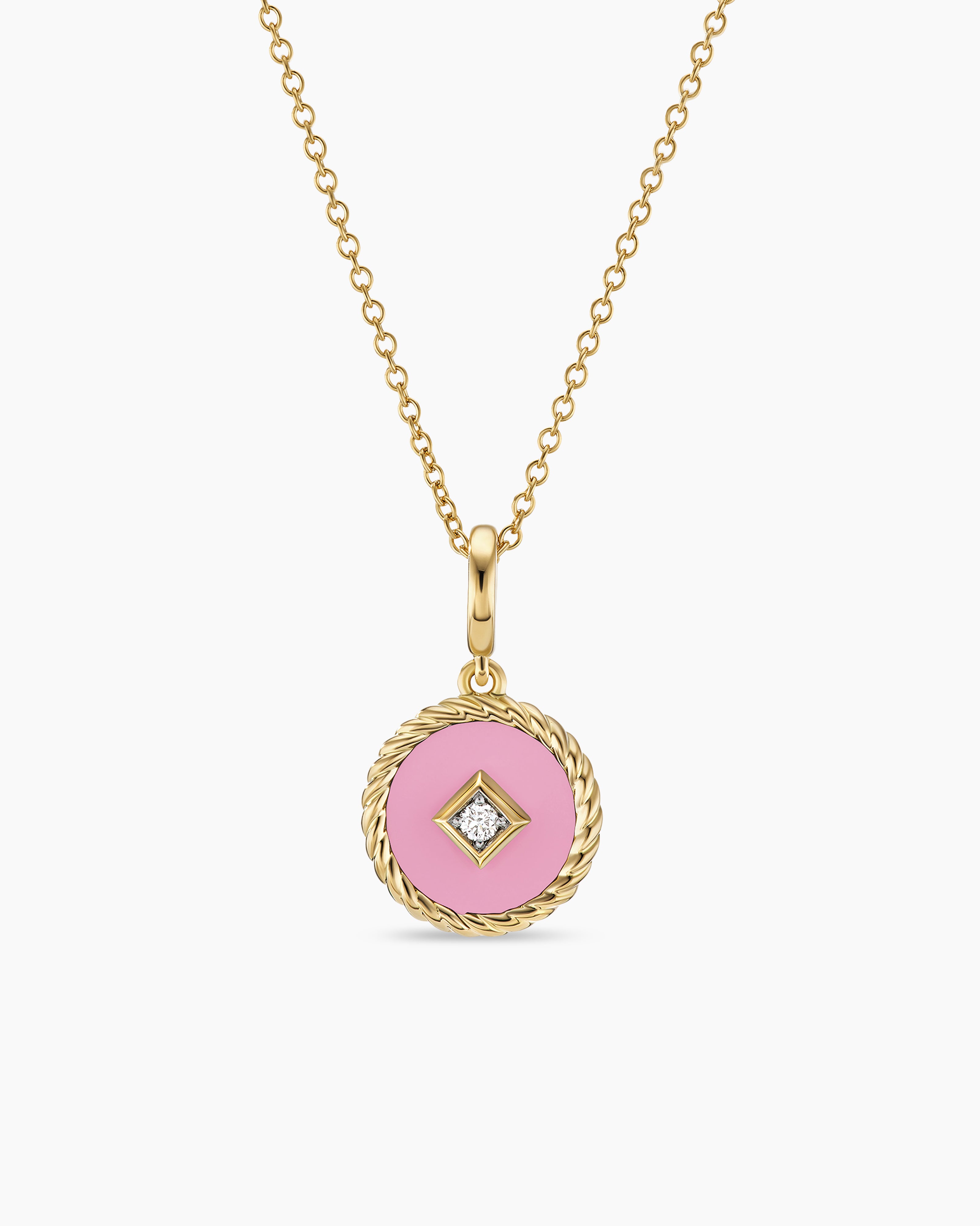 David Yurman Cable Collectibles Hot Pink Enamel Charm Necklace in 18K Yellow Gold with Center Diamond Women's Size 18 in