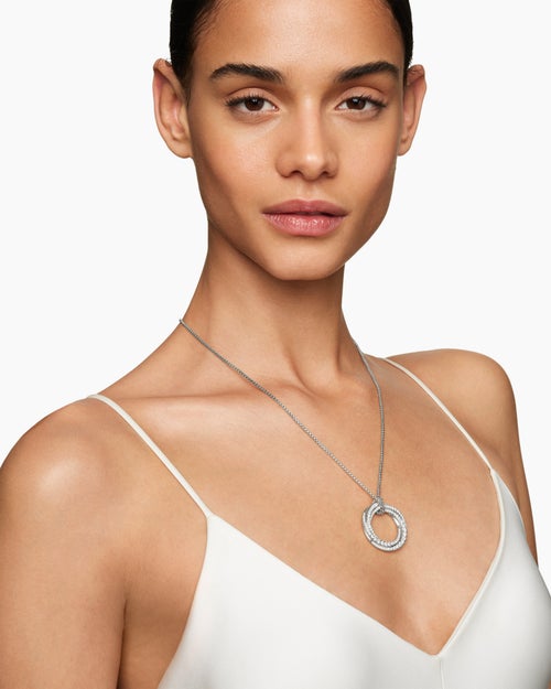 Womens Pavé Crossover Pendant Necklace in 18K White Gold with Diamonds, 30mm