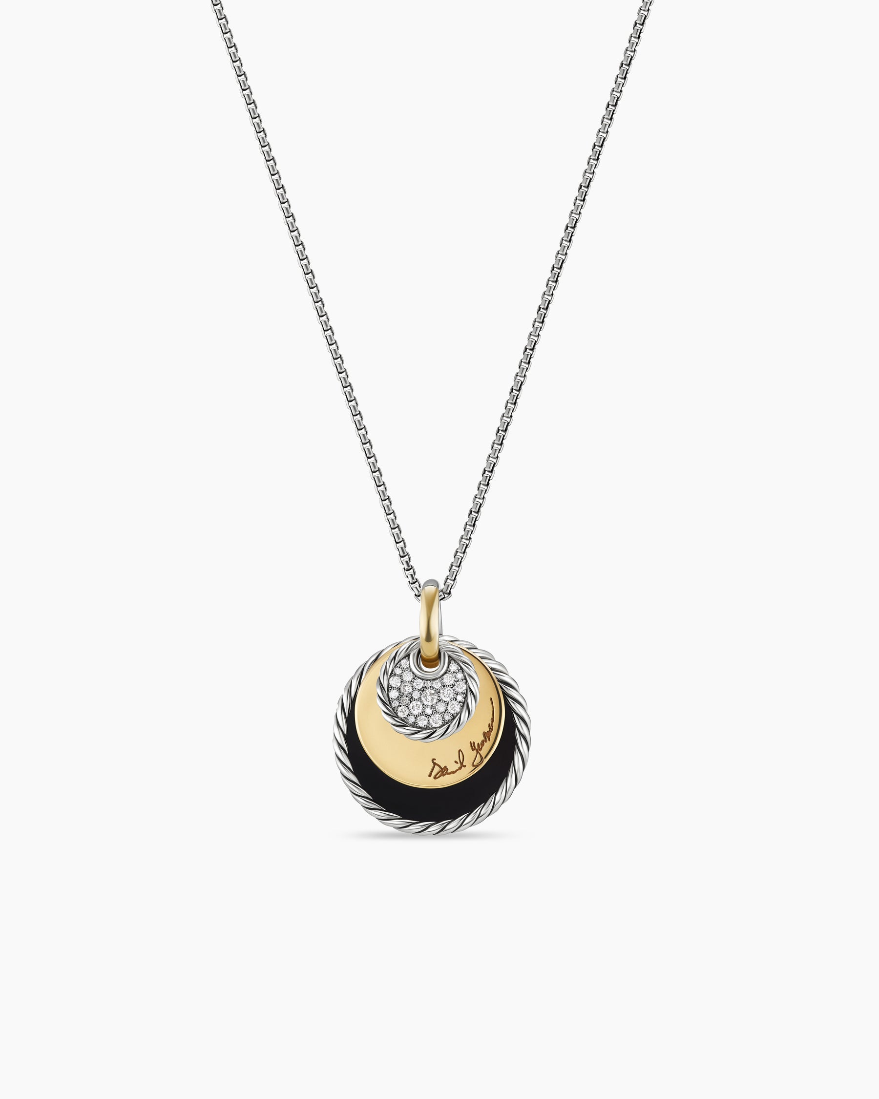 David Yurman DY Elements Eclipse Pendant Necklace with Black Onyx Reversible to Mother of Pearl, 18K Yellow Gold and Pavé Diamonds