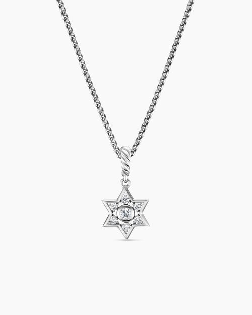 Womens Star of David Pendant Necklace in Sterling Silver with Diamonds, 12mm