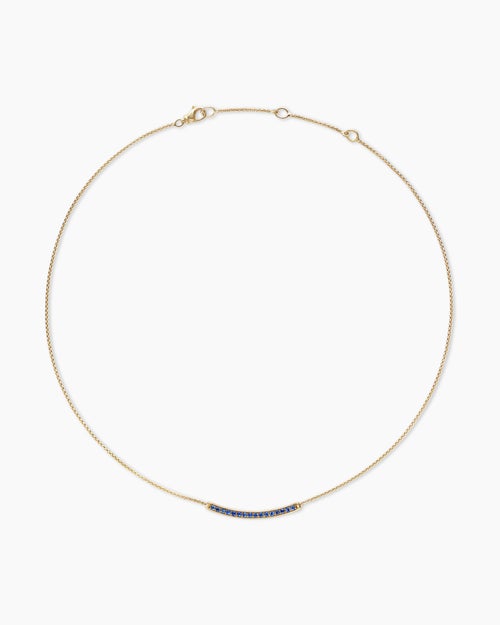 Womens Petite Pavé Bar Necklace in 18K Yellow Gold with Blue Sapphires, 1.25mm