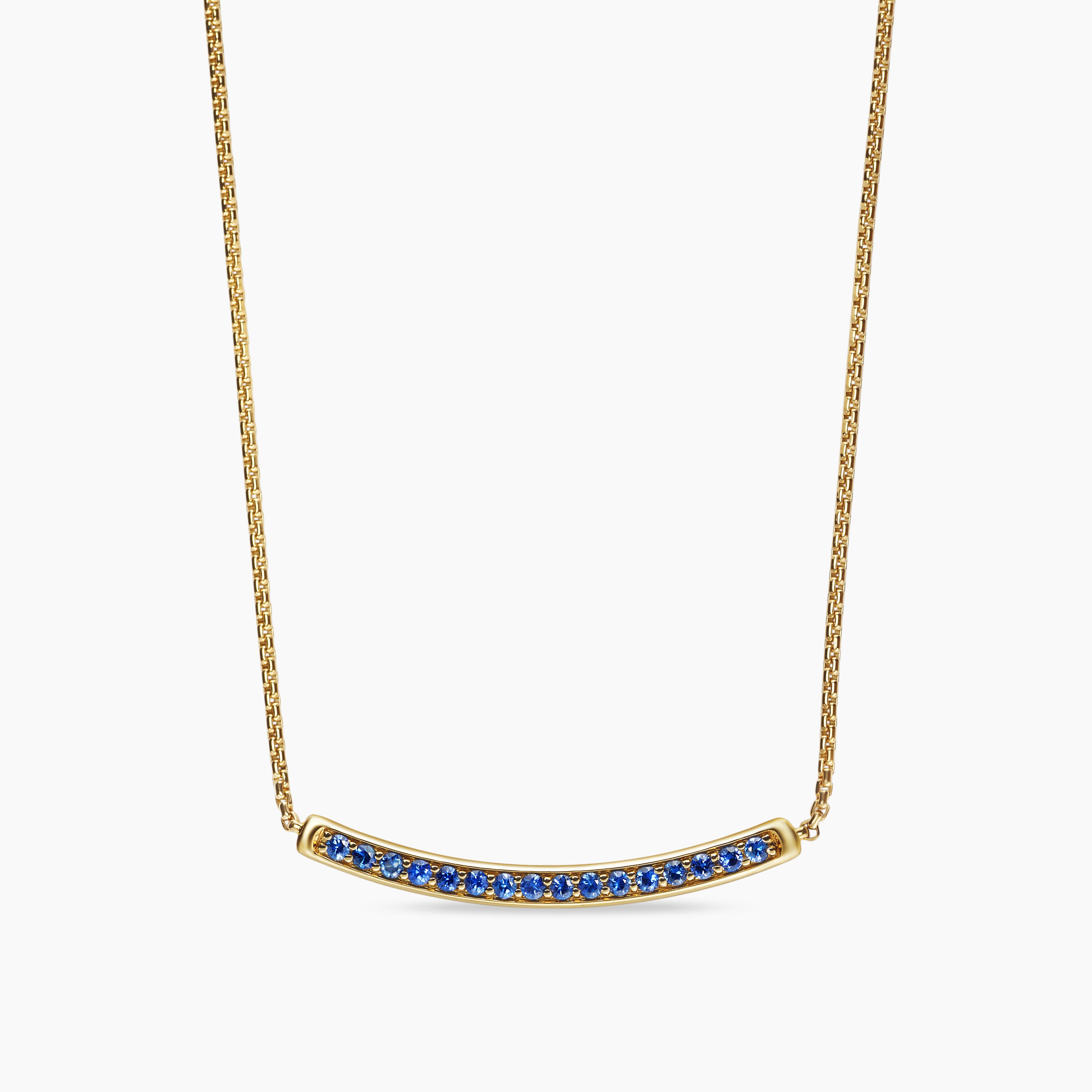 Womens Petite Pav&eacute; Bar Necklace in 18K Yellow Gold with Blue Sapphires, 1.25mm