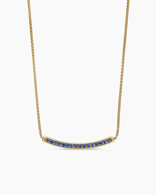 Womens Petite Pavé Bar Necklace in 18K Yellow Gold with Blue Sapphires, 1.25mm