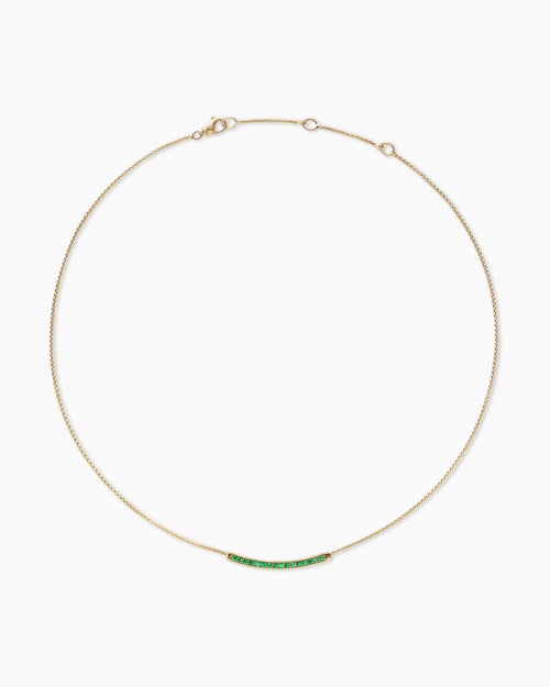 Womens Petite Pavé Bar Necklace in 18K Yellow Gold with Emeralds, 1.25mm