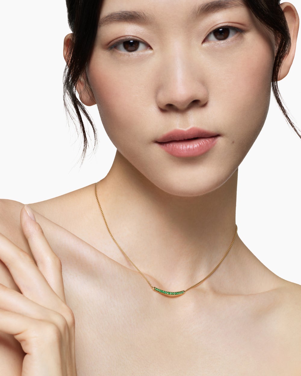 Womens Petite Pavé Bar Necklace in 18K Yellow Gold with Emeralds, 1.25mm