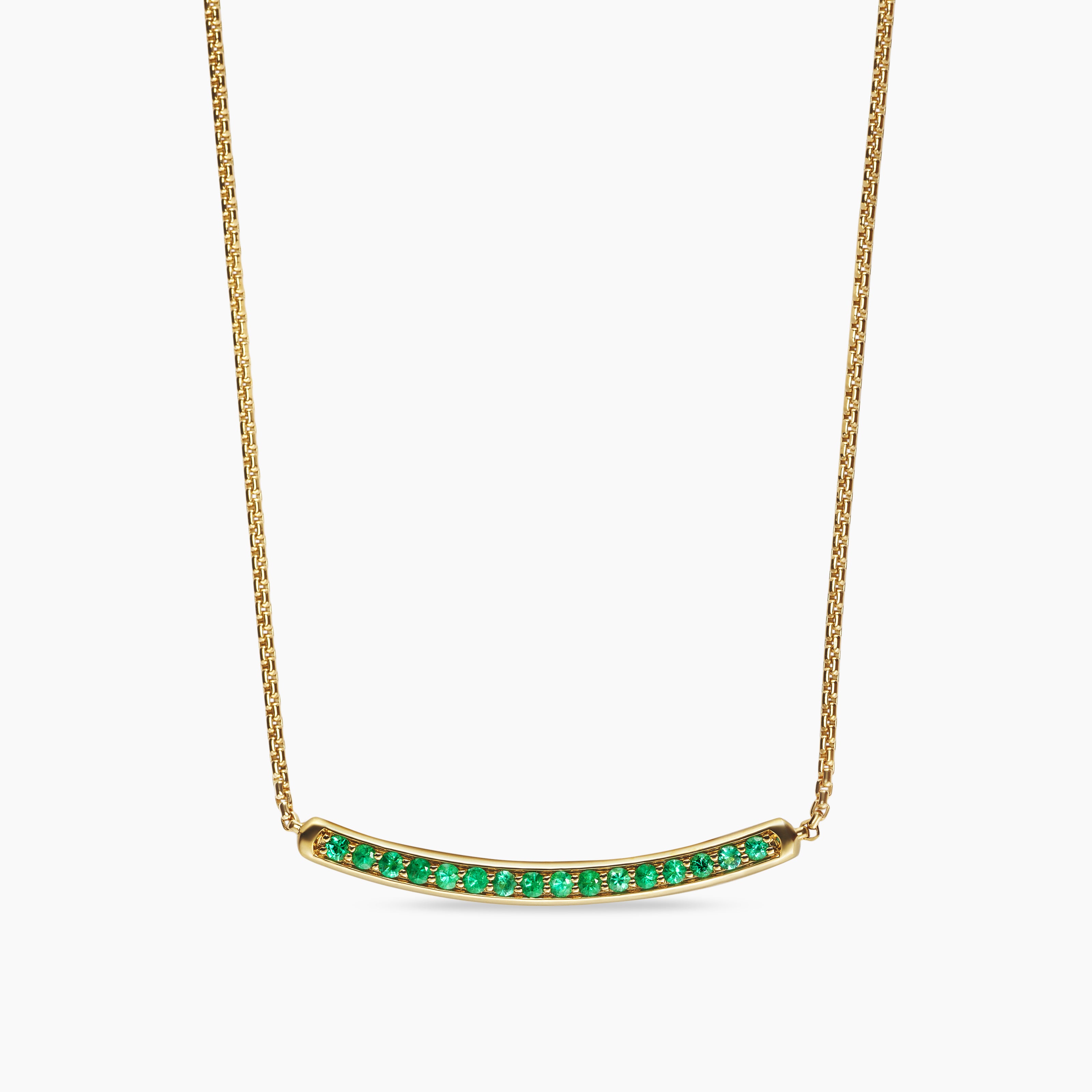 Womens Petite Pav&eacute; Bar Necklace in 18K Yellow Gold with Emeralds, 1.25mm