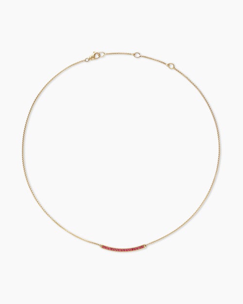 Womens Petite Pavé Bar Necklace in 18K Yellow Gold with Rubies, 1.25mm