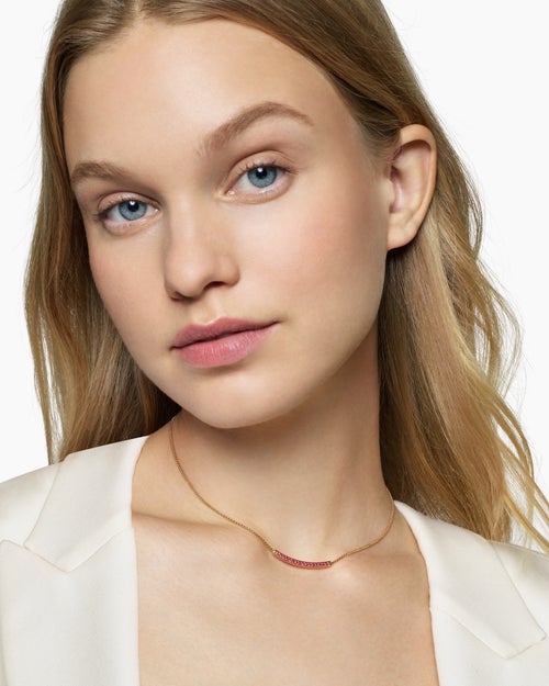 Womens Petite Pavé Bar Necklace in 18K Yellow Gold with Rubies, 1.25mm