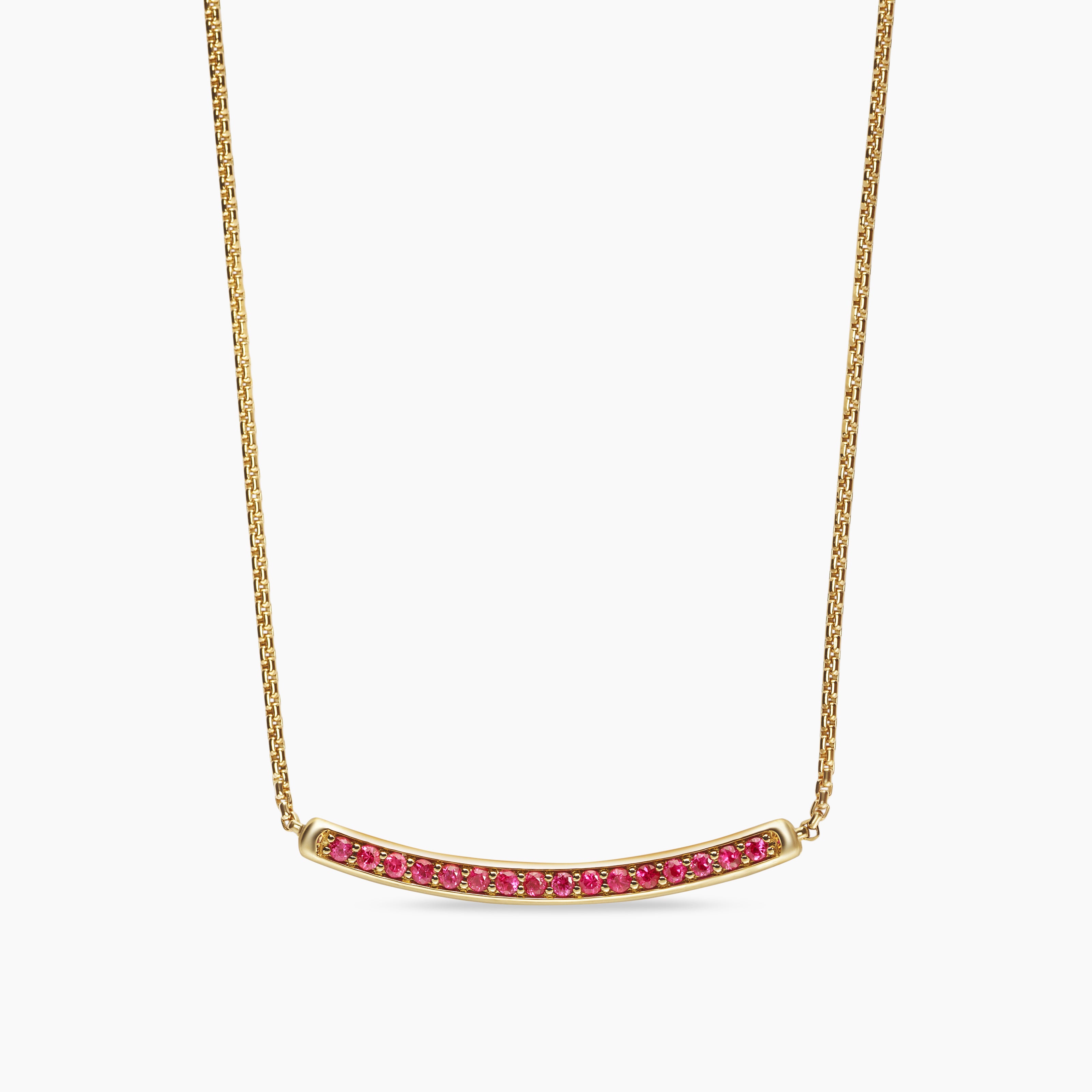 Womens Petite Pav&eacute; Bar Necklace in 18K Yellow Gold with Rubies, 1.25mm