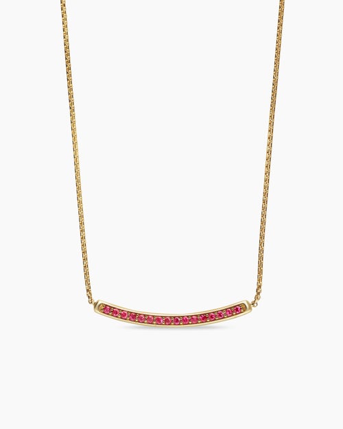 Womens Petite Pavé Bar Necklace in 18K Yellow Gold with Rubies, 1.25mm