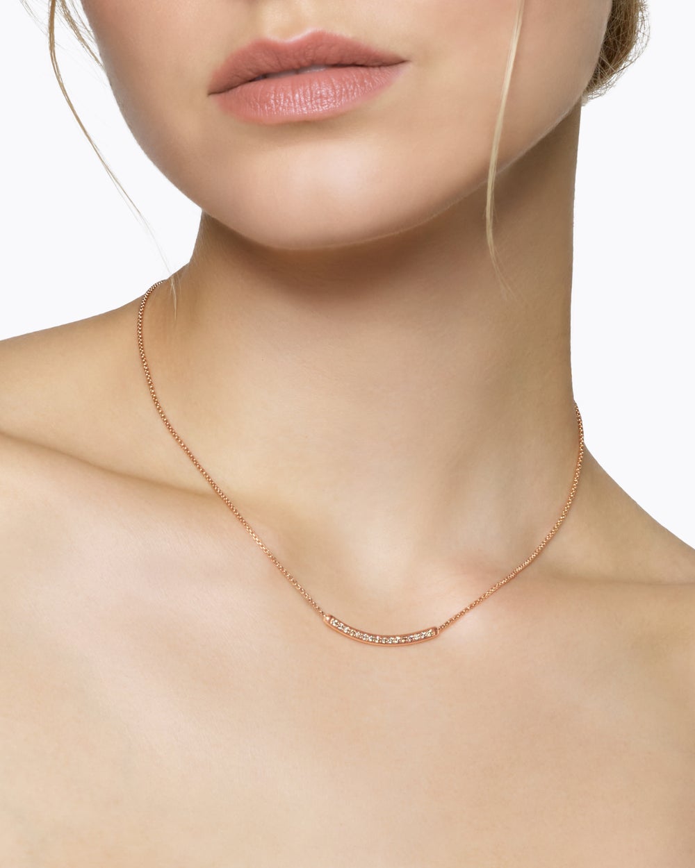 Womens Petite Pavé Bar Necklace in 18ct Rose Gold with Cognac Diamonds, 1.25mm