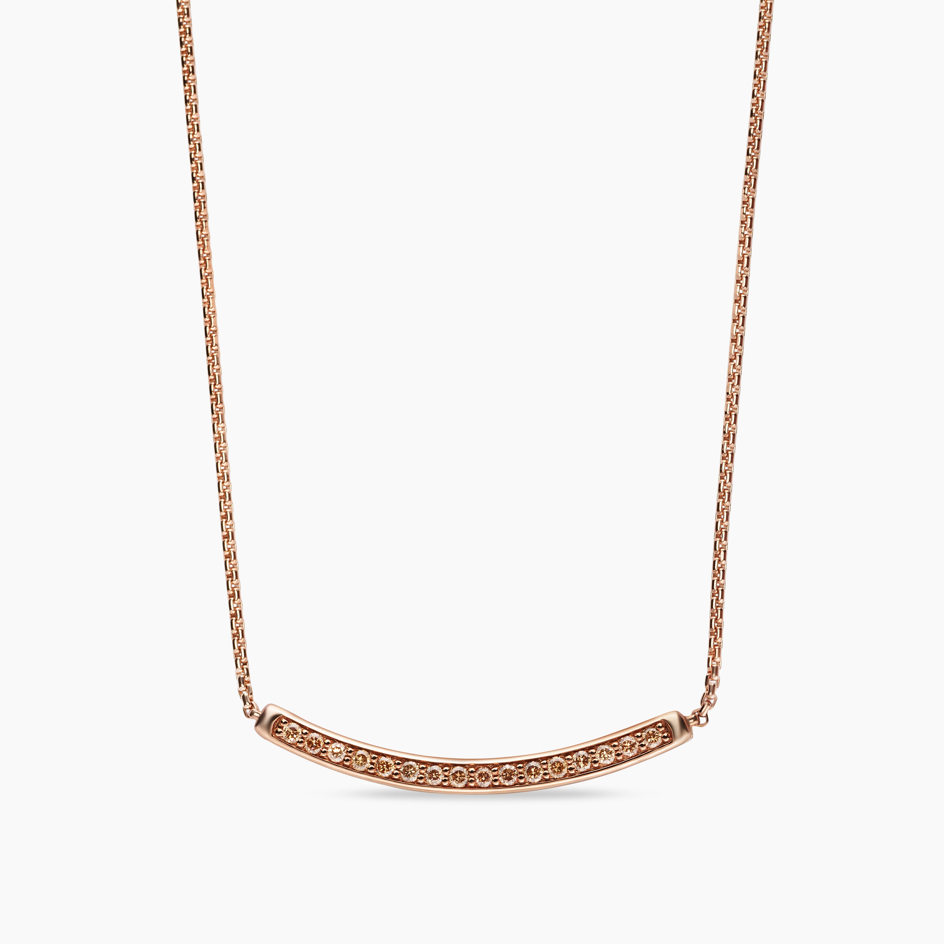 Womens Petite Pav&eacute; Bar Necklace in 18K Rose Gold with Cognac Diamonds, 1.25mm