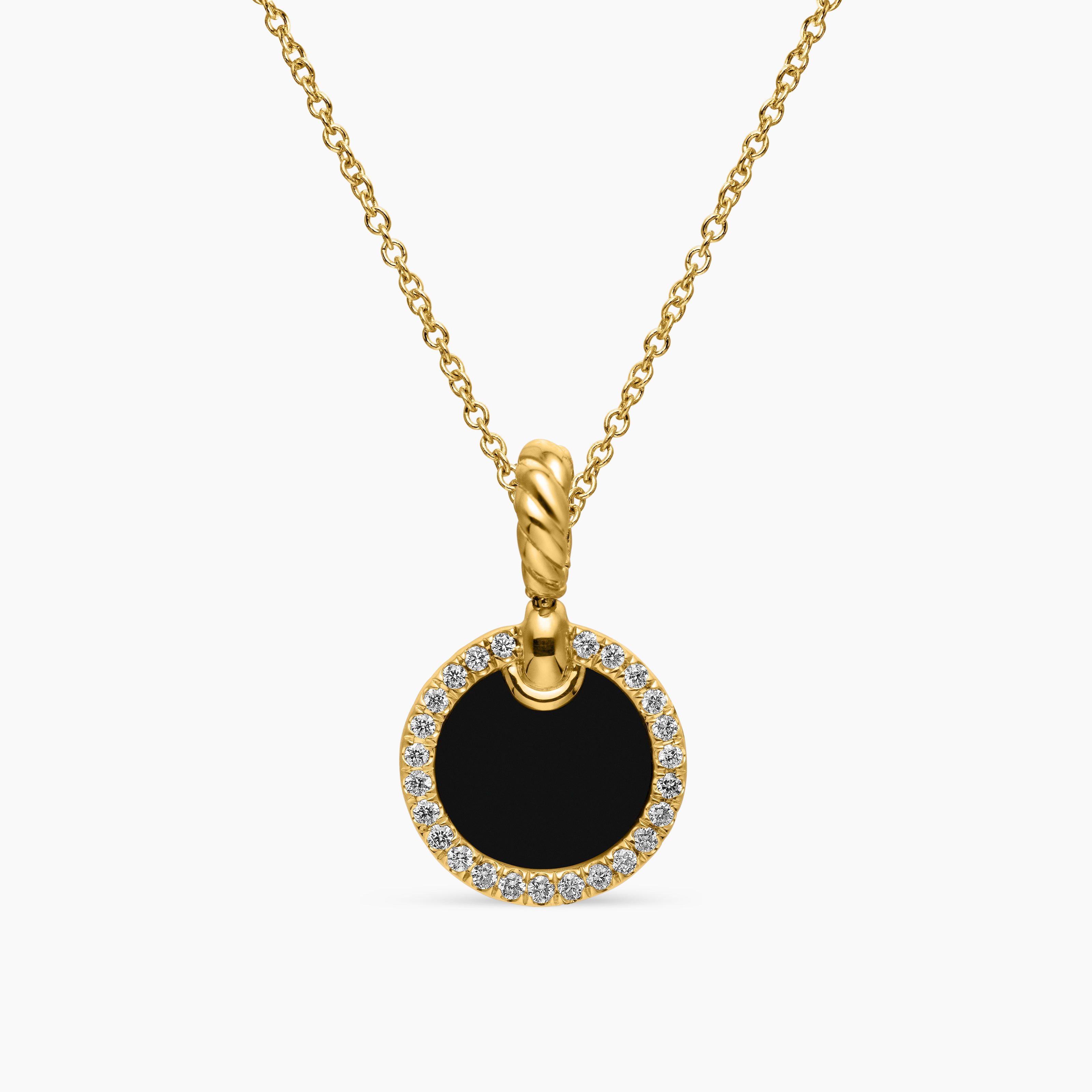 Womens Petite DY Elements&reg; Pendant Necklace in 18K Yellow Gold with Black Onyx and Diamonds, 17.8mm